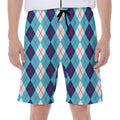 White And Blue Argyle Pattern Print Men's Beach Shorts