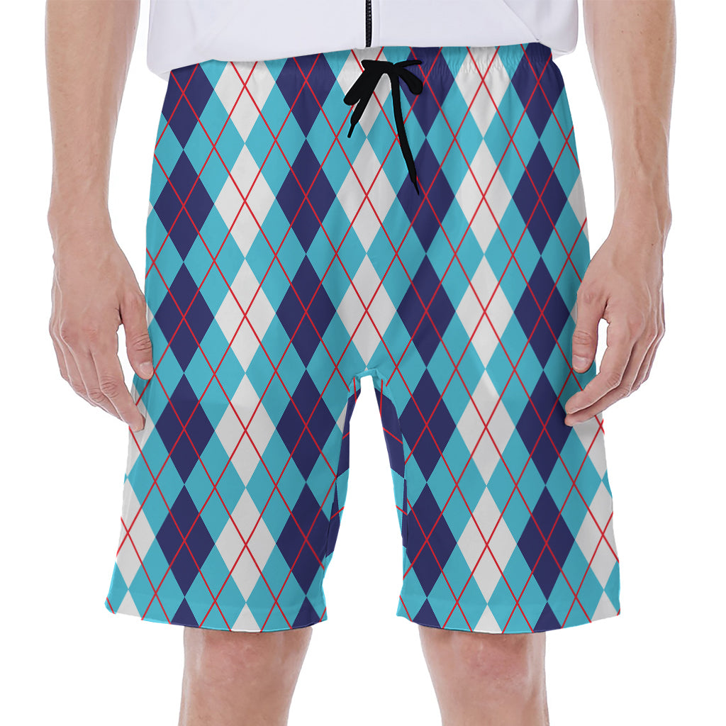 White And Blue Argyle Pattern Print Men's Beach Shorts