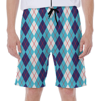White And Blue Argyle Pattern Print Men's Beach Shorts