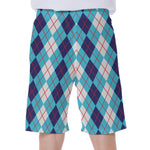 White And Blue Argyle Pattern Print Men's Beach Shorts