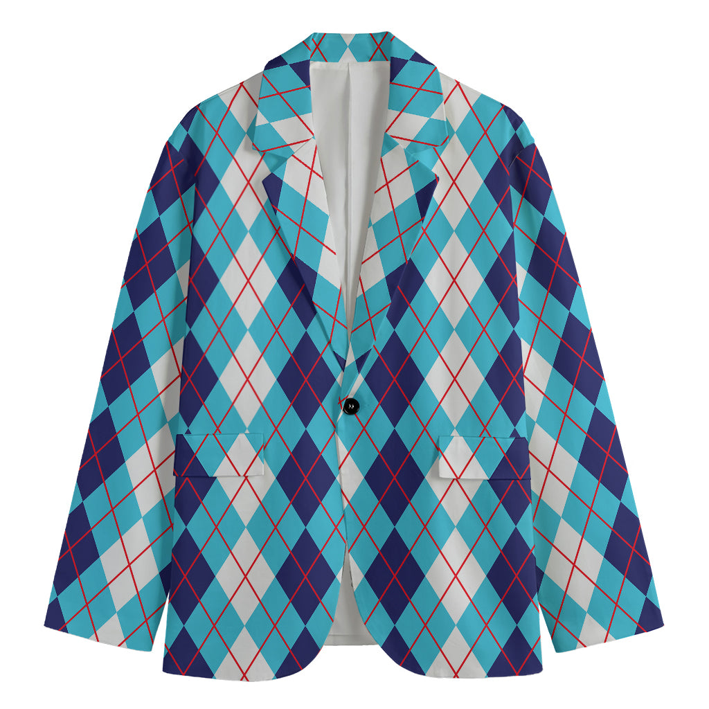 White And Blue Argyle Pattern Print Men's Blazer
