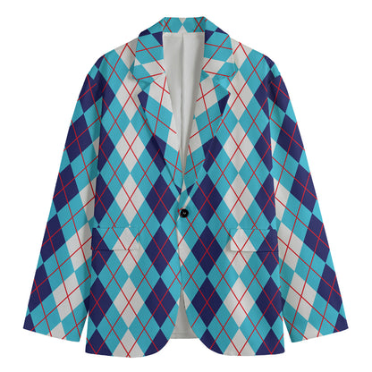 White And Blue Argyle Pattern Print Men's Blazer