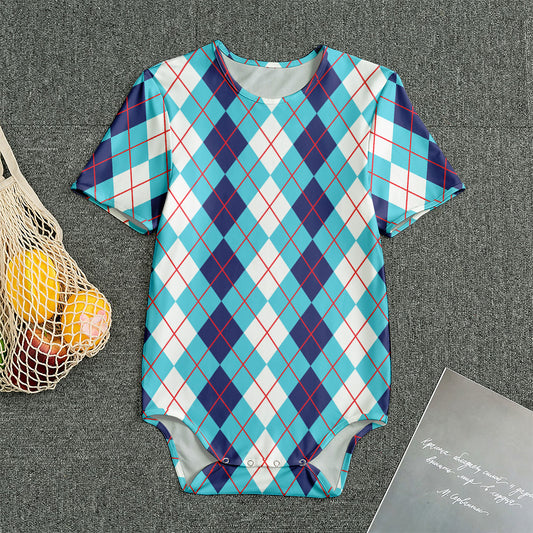 White And Blue Argyle Pattern Print Men's Bodysuit