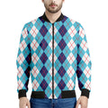 White And Blue Argyle Pattern Print Men's Bomber Jacket