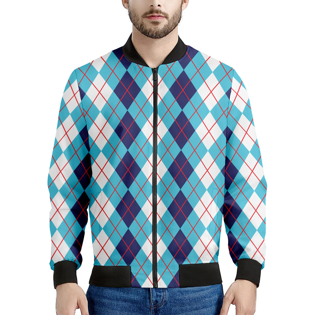 White And Blue Argyle Pattern Print Men's Bomber Jacket