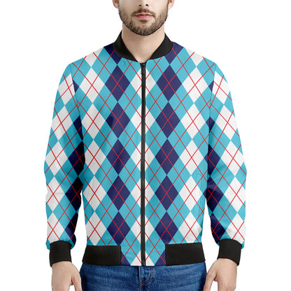 White And Blue Argyle Pattern Print Men's Bomber Jacket
