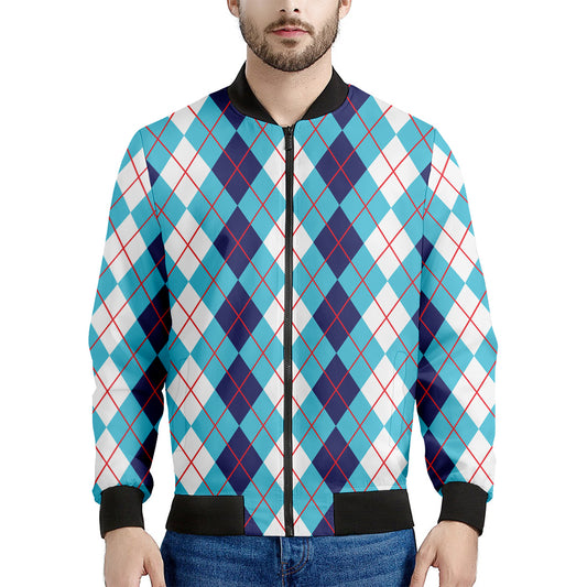 White And Blue Argyle Pattern Print Men's Bomber Jacket