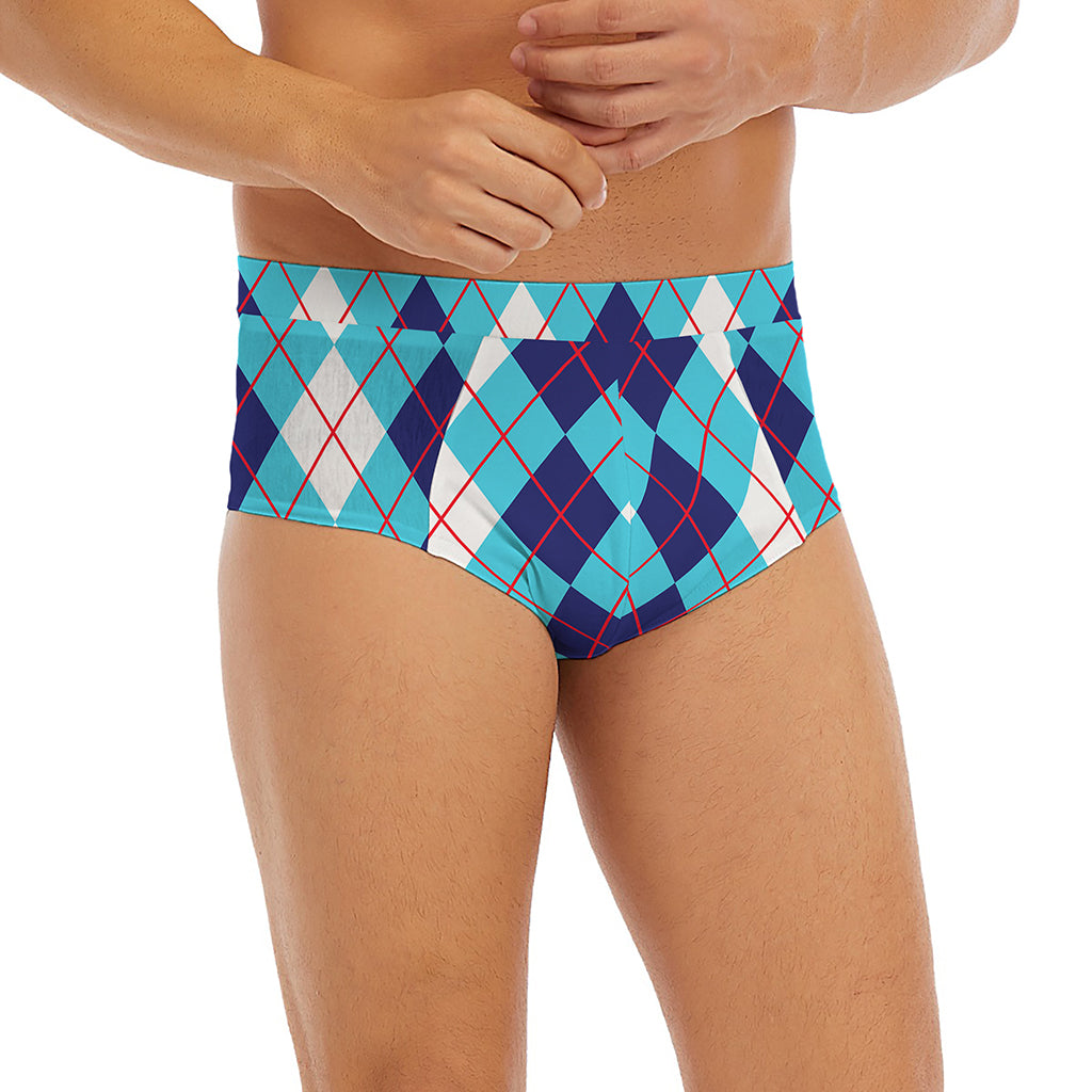 White And Blue Argyle Pattern Print Men's Briefs
