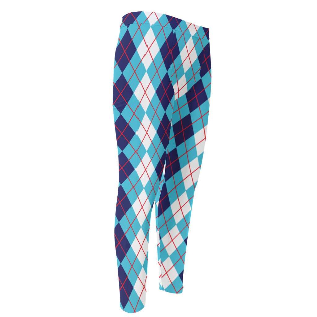 White And Blue Argyle Pattern Print Men's Compression Pants