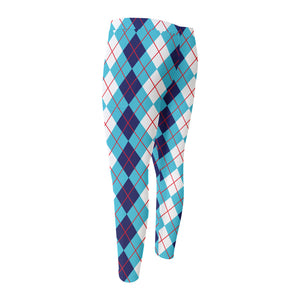 White And Blue Argyle Pattern Print Men's Compression Pants