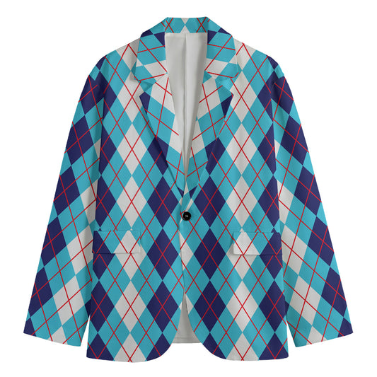 White And Blue Argyle Pattern Print Men's Cotton Blazer