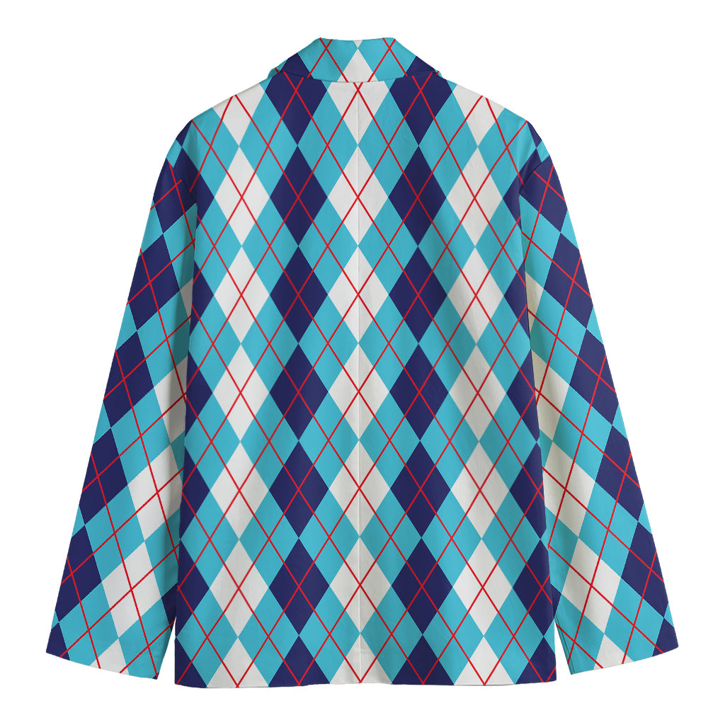 White And Blue Argyle Pattern Print Men's Cotton Blazer