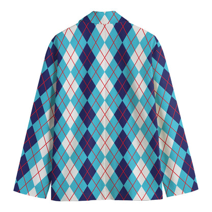 White And Blue Argyle Pattern Print Men's Cotton Blazer