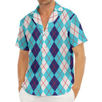 White And Blue Argyle Pattern Print Men's Deep V-Neck Shirt