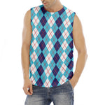 White And Blue Argyle Pattern Print Men's Fitness Tank Top