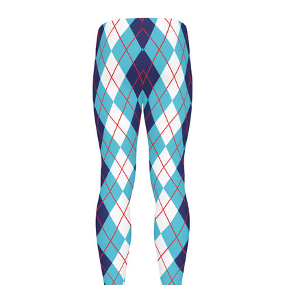 White And Blue Argyle Pattern Print Men's leggings