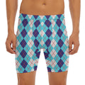 White And Blue Argyle Pattern Print Men's Long Boxer Briefs