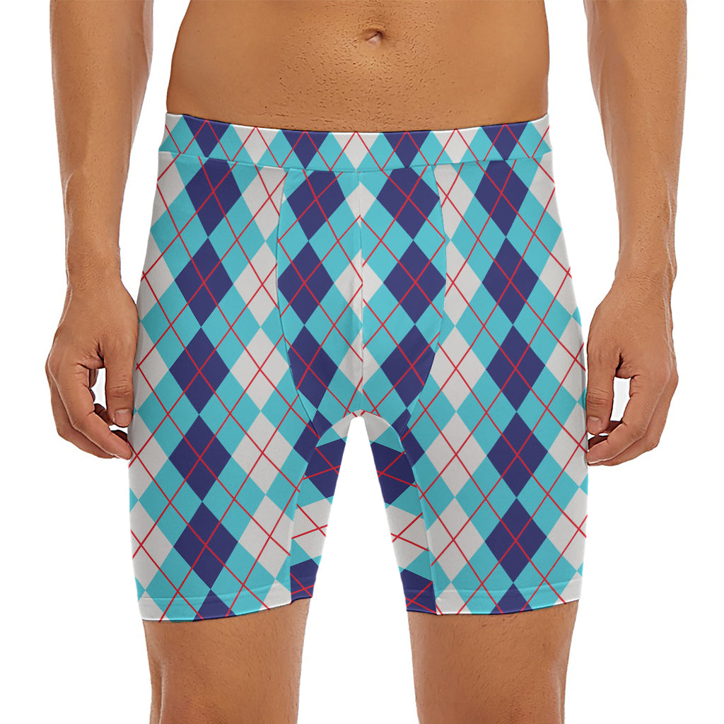 White And Blue Argyle Pattern Print Men's Long Boxer Briefs