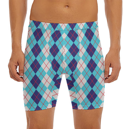 White And Blue Argyle Pattern Print Men's Long Boxer Briefs