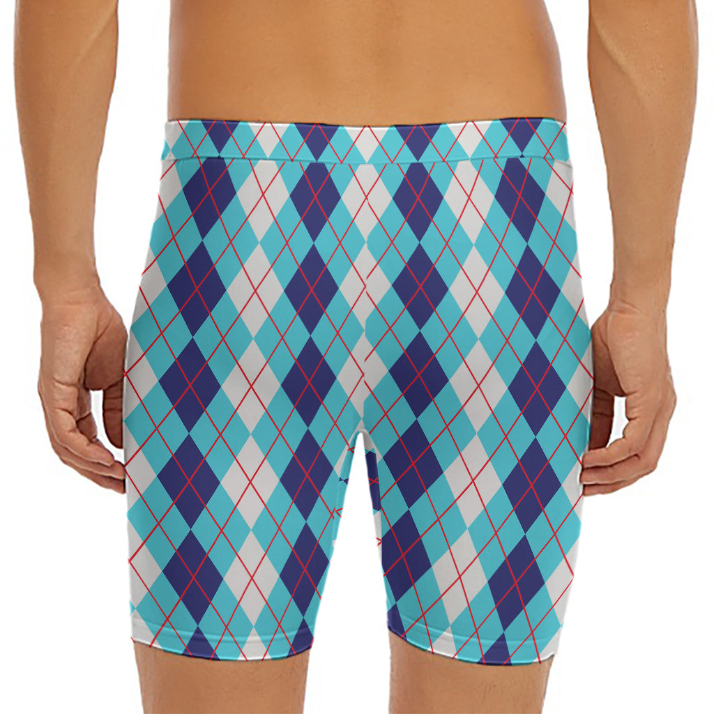 White And Blue Argyle Pattern Print Men's Long Boxer Briefs