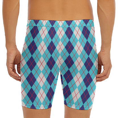 White And Blue Argyle Pattern Print Men's Long Boxer Briefs