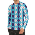 White And Blue Argyle Pattern Print Men's Long Sleeve Rash Guard