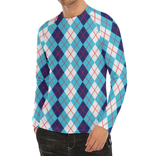 White And Blue Argyle Pattern Print Men's Long Sleeve Rash Guard