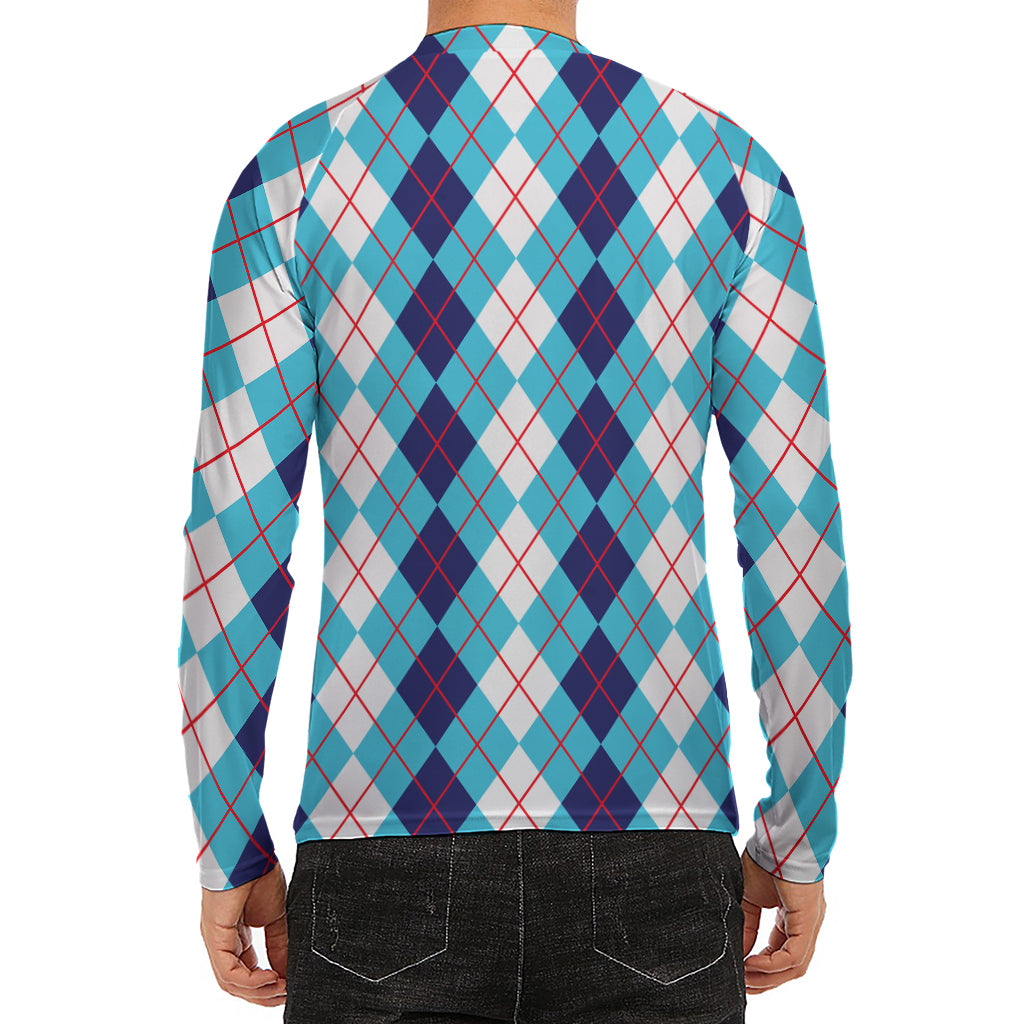 White And Blue Argyle Pattern Print Men's Long Sleeve Rash Guard