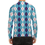 White And Blue Argyle Pattern Print Men's Long Sleeve Rash Guard