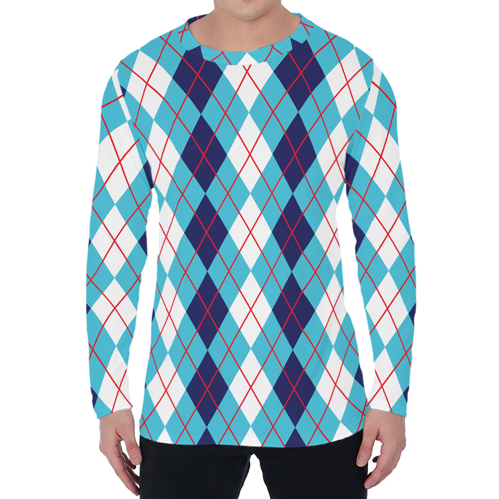 White And Blue Argyle Pattern Print Men's Long Sleeve T-Shirt