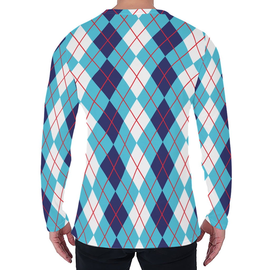 White And Blue Argyle Pattern Print Men's Long Sleeve T-Shirt
