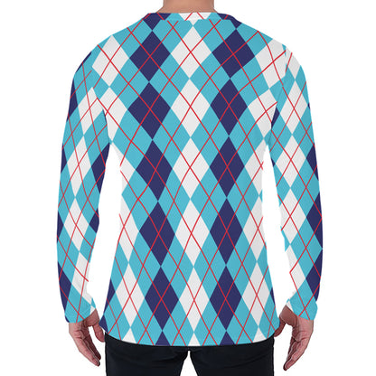 White And Blue Argyle Pattern Print Men's Long Sleeve T-Shirt