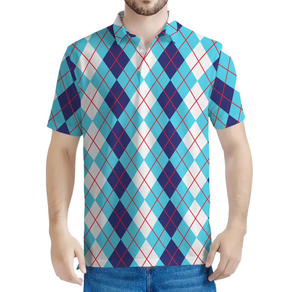 White And Blue Argyle Pattern Print Men's Polo Shirt
