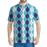 White And Blue Argyle Pattern Print Men's Polo Shirt
