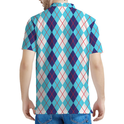 White And Blue Argyle Pattern Print Men's Polo Shirt