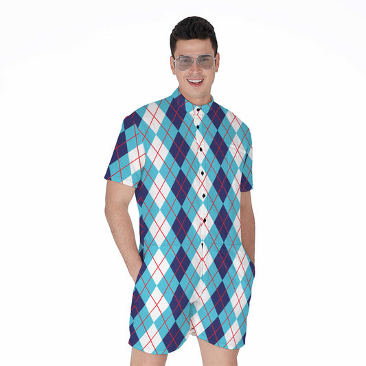 White And Blue Argyle Pattern Print Men's Rompers