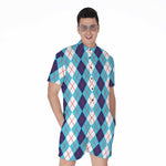 White And Blue Argyle Pattern Print Men's Rompers