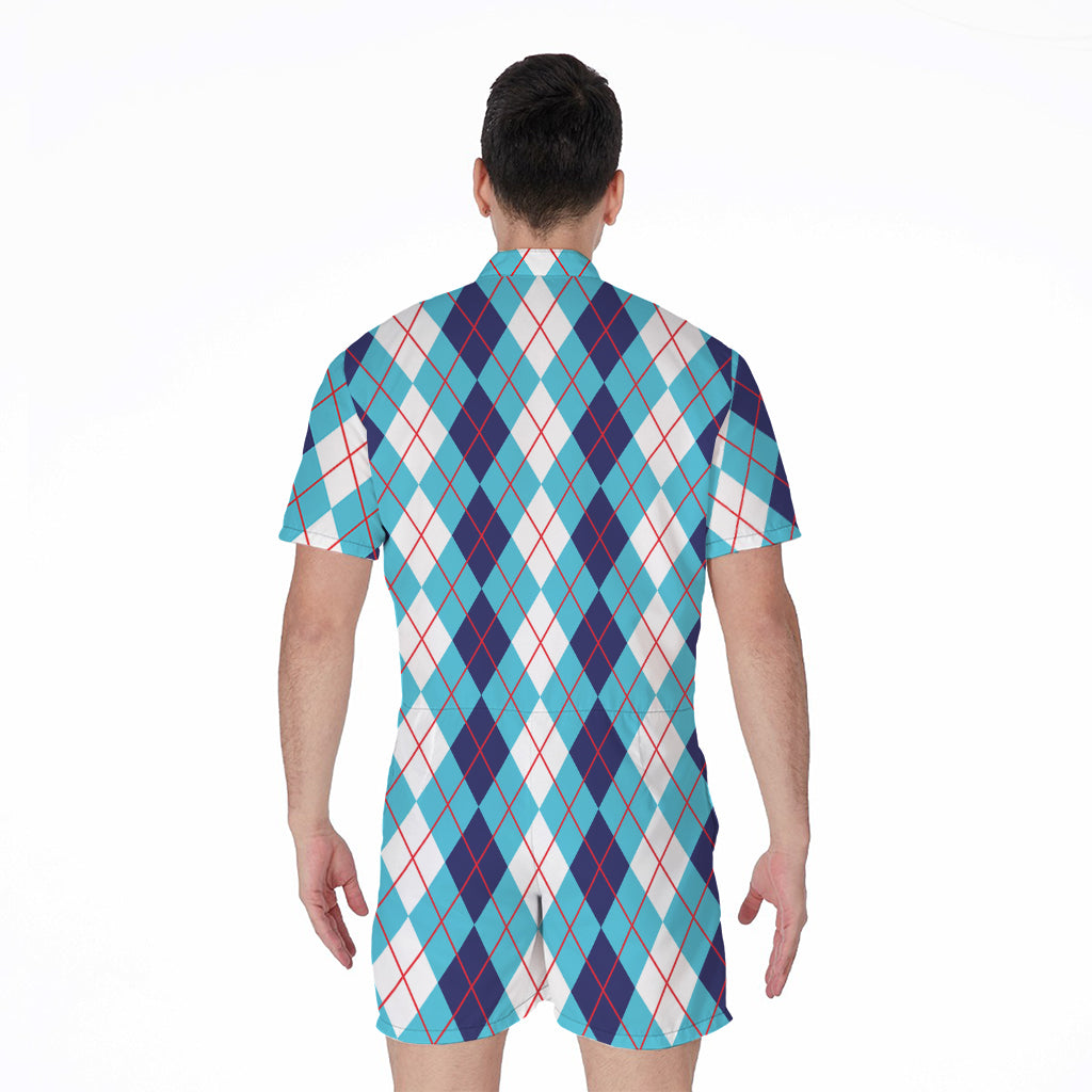 White And Blue Argyle Pattern Print Men's Rompers