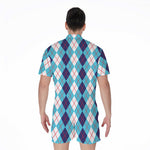 White And Blue Argyle Pattern Print Men's Rompers