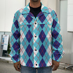 White And Blue Argyle Pattern Print Men's Shirt Jacket