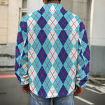 White And Blue Argyle Pattern Print Men's Shirt Jacket