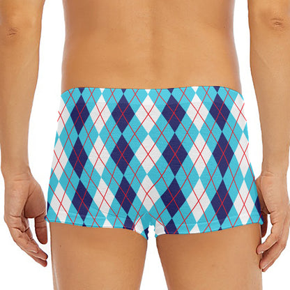 White And Blue Argyle Pattern Print Men's Short Boxer Briefs
