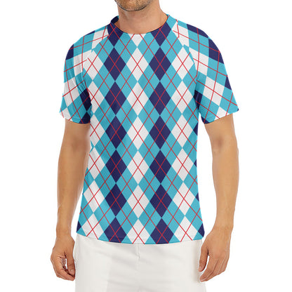 White And Blue Argyle Pattern Print Men's Short Sleeve Rash Guard