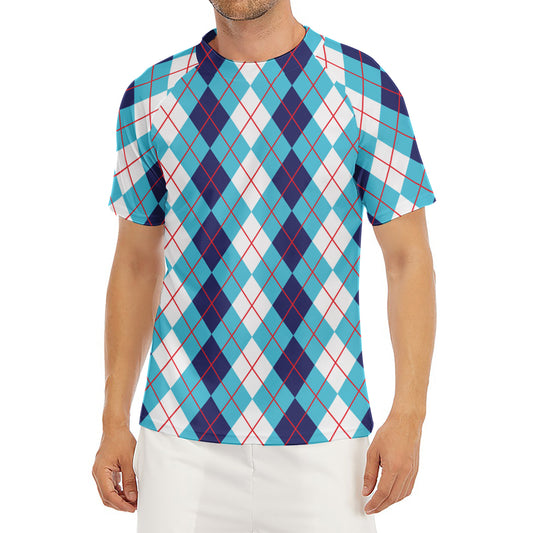 White And Blue Argyle Pattern Print Men's Short Sleeve Rash Guard