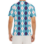White And Blue Argyle Pattern Print Men's Short Sleeve Rash Guard