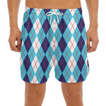 White And Blue Argyle Pattern Print Men's Split Running Shorts