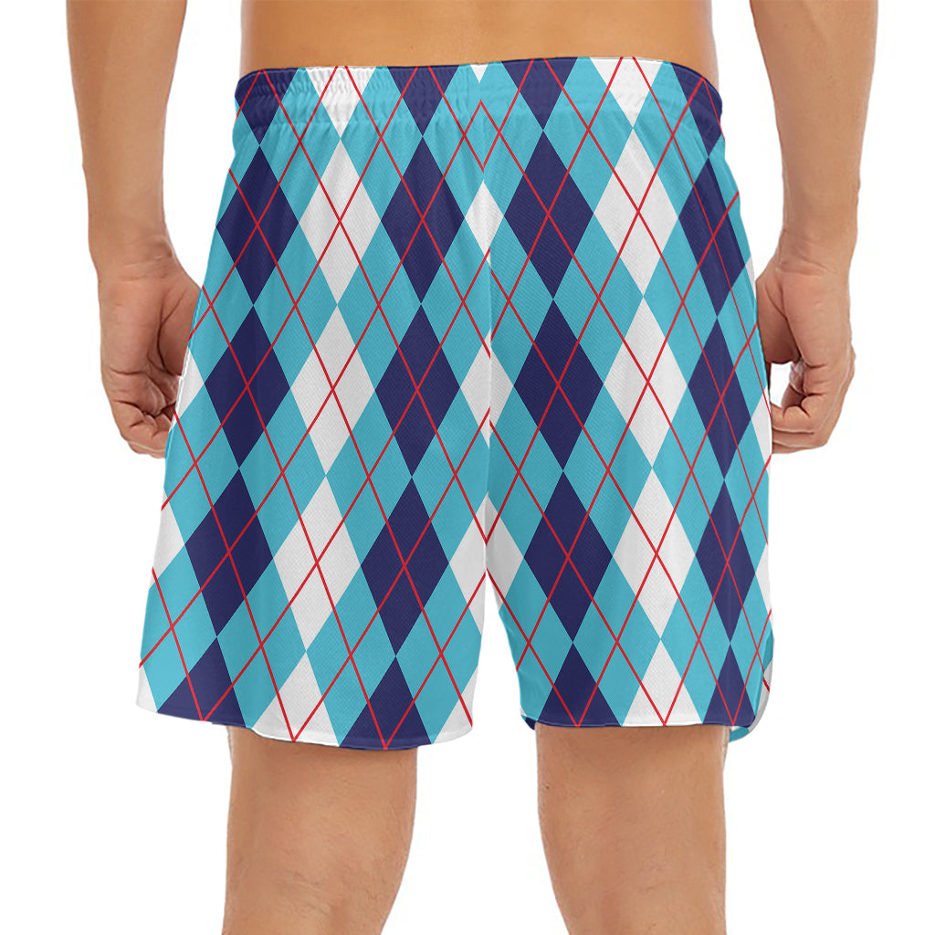 White And Blue Argyle Pattern Print Men's Split Running Shorts
