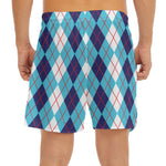 White And Blue Argyle Pattern Print Men's Split Running Shorts
