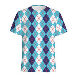 White And Blue Argyle Pattern Print Men's Sports T-Shirt