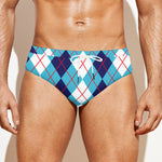 White And Blue Argyle Pattern Print Men's Swim Briefs